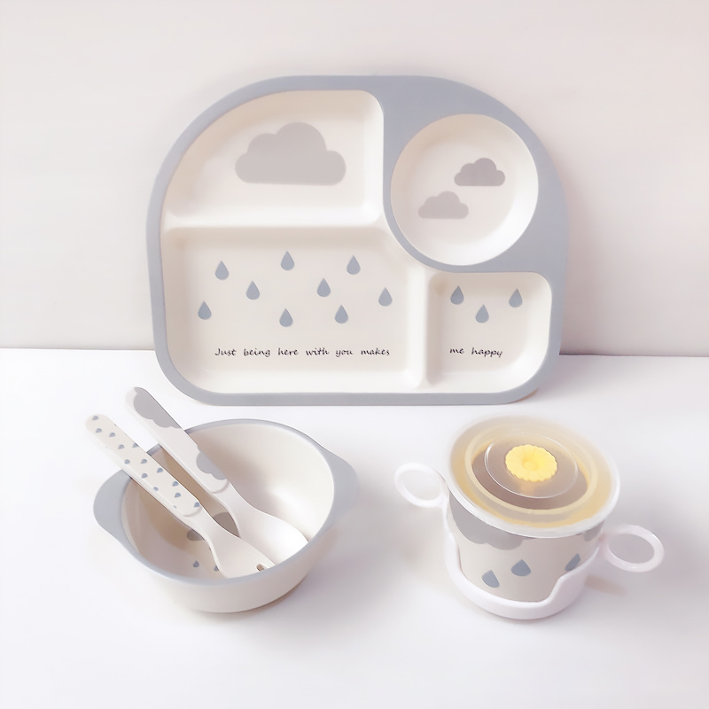 Kindergeschirrset mit Wolkenmuster – Teller, Schüssel, Becher & Besteck