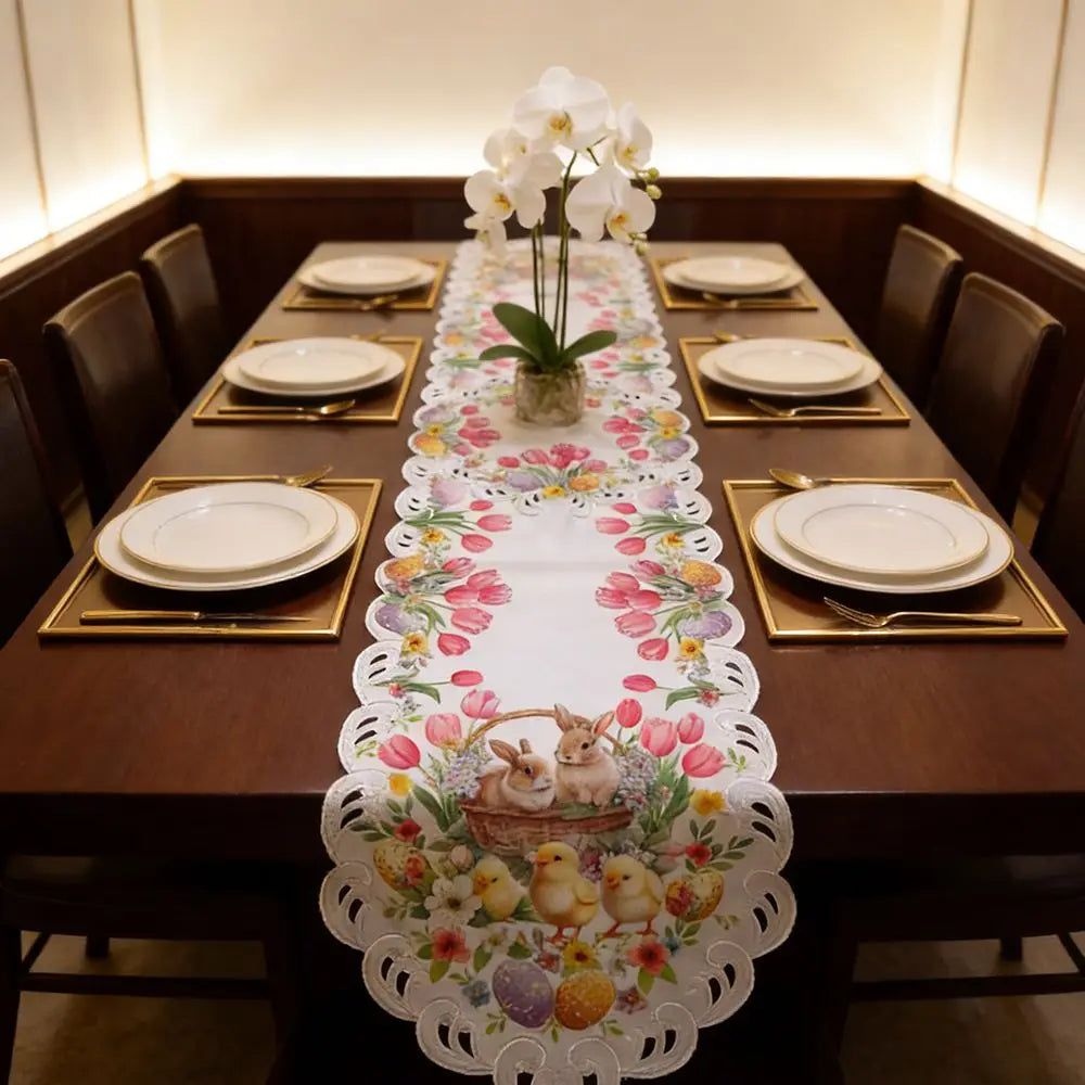 Happy Easter Table Runner | Tulip and Chick Design | Non-Slip | 177 × 38 cm | Perfect Table Decoration for Easter