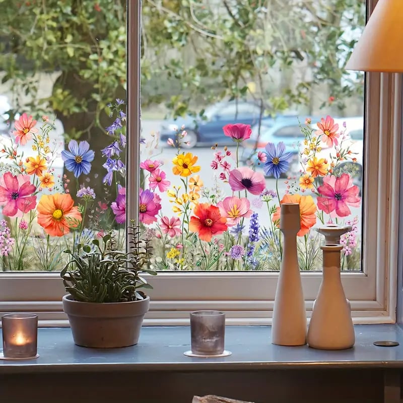 Bunte Fensteraufkleber mit Blumen- und Schmetterlingsmotiven