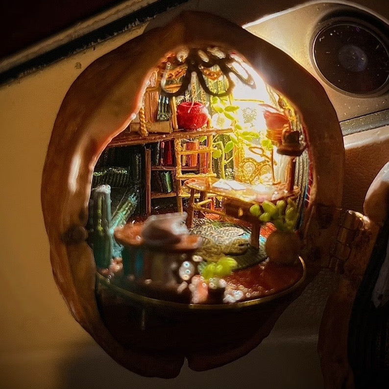 Wunderwelt aus Walnuss | Handgefertigtes Miniaturhaus mit Bibliothek