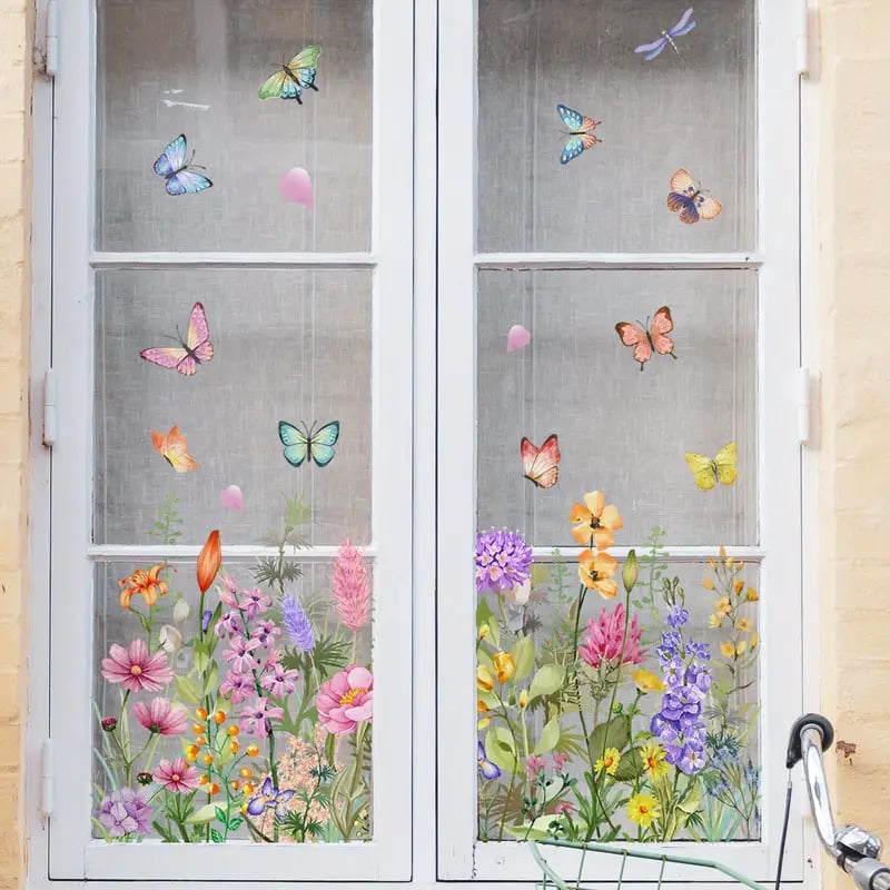 Bunte Fensteraufkleber mit Blumen- und Schmetterlingsmotiven