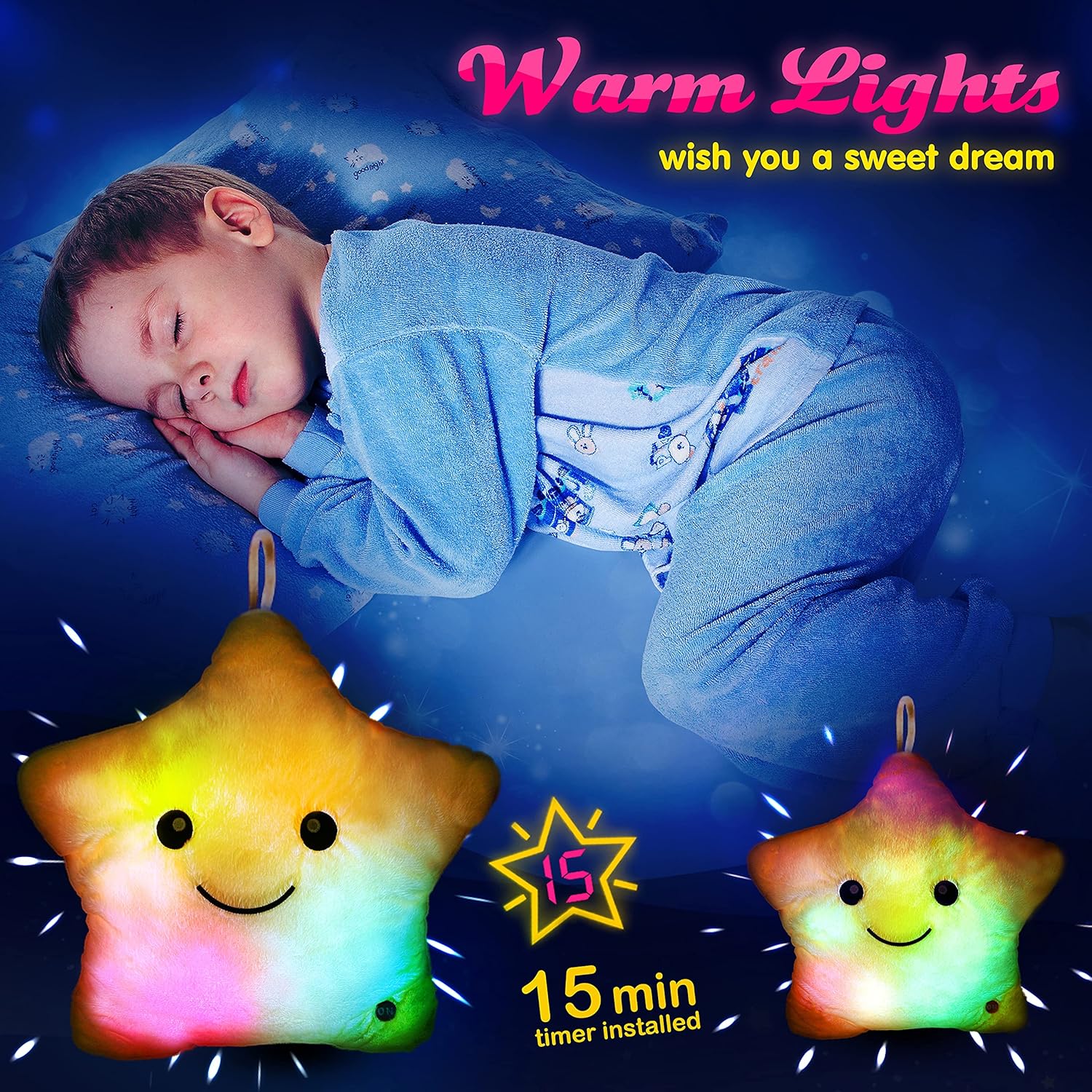 Kuschelkissen für Kinder mit leuchtenden LED-Sternen