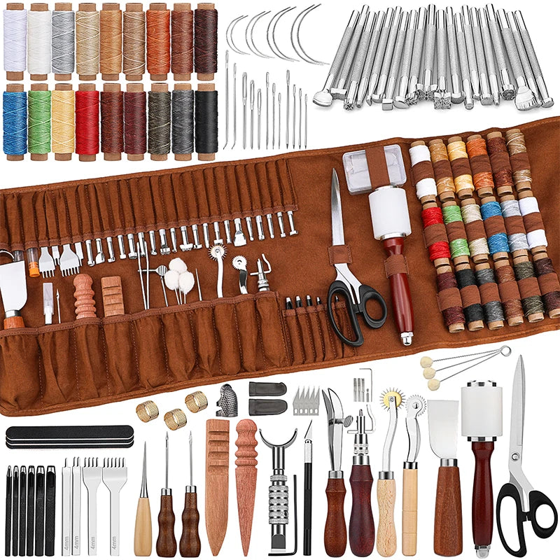 Vielseitiges Lederhandwerker-Set | 92 oder 27 Teile | Inklusive robuster Fäden & professioneller Werkzeuge