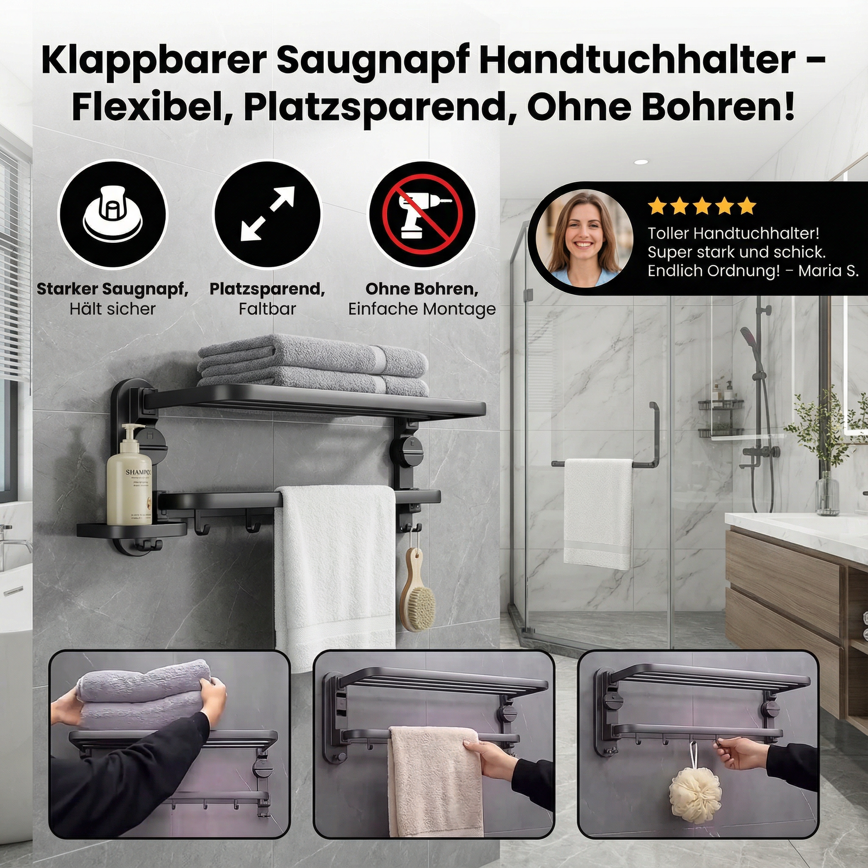 Compact Towel Holder with Suction Cups – Flexible and No Drilling Required