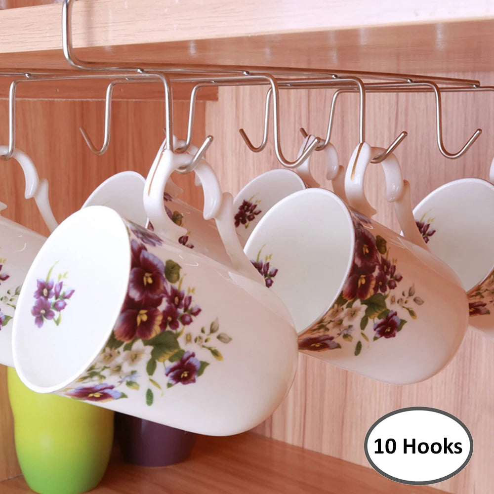 Practical Mug Holder for Under Shelves | 10 Stainless Steel Hooks | 27.5 cm