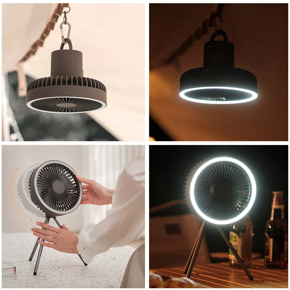 Tragbarer wiederaufladbarer Ventilator mit LED und integriertem Powerbank