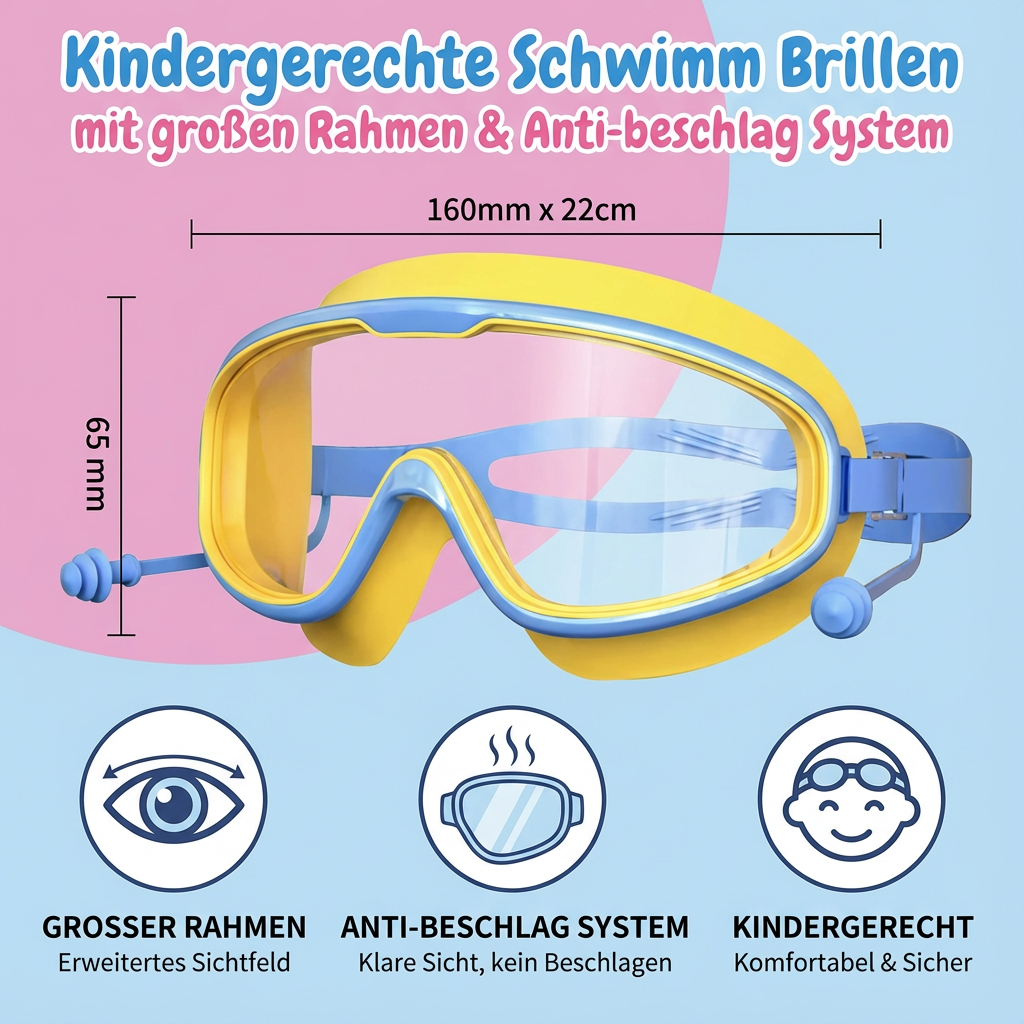 Schwimmbrillen für Kinder mit großem Rahmen und Anti-Beschlag-Technologie