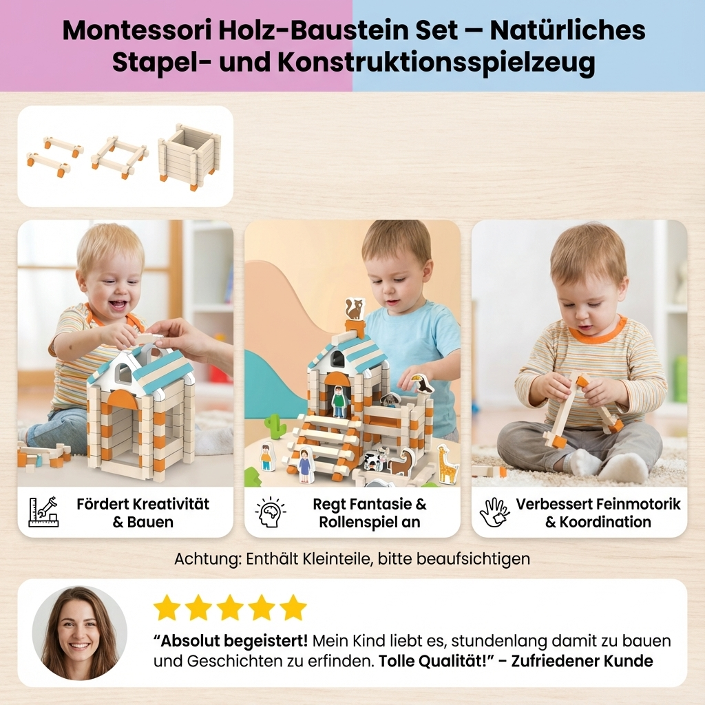 Holz-Baustein Set im Montessori-Stil – Stapel- und Konstruktionsspielzeug