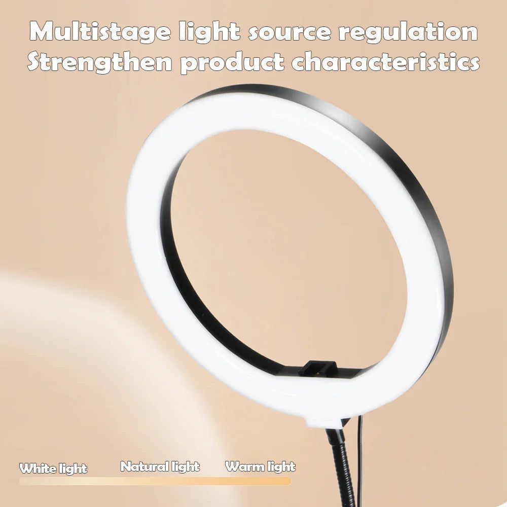 Strahlendes LED-Ringlicht mit flexiblem Arm und Smartphonehalter | 3 Lichtmodi & USB-Betrieb | Ideal für Livestreams, Videos und Selfies