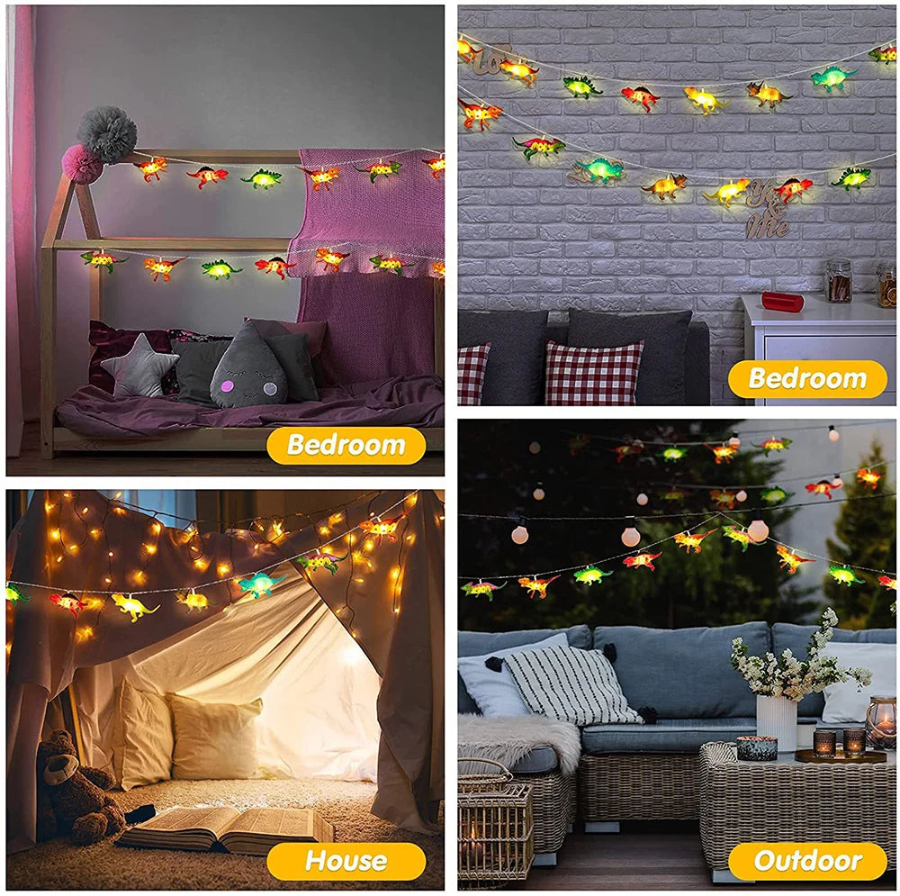 DinoLights | LED Dinosaur String Lights for Kids | Warm White | 1.5 m / 3 m Battery Operated