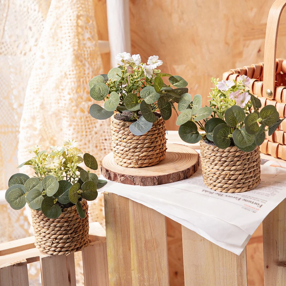 Eucalyptus Dream – Mini Artificial Plant in Braided Basket | 11 cm