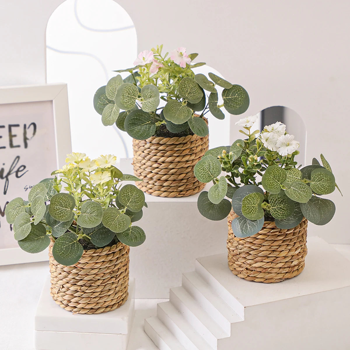Eucalyptus Dream – Mini Artificial Plant in Braided Basket | 11 cm