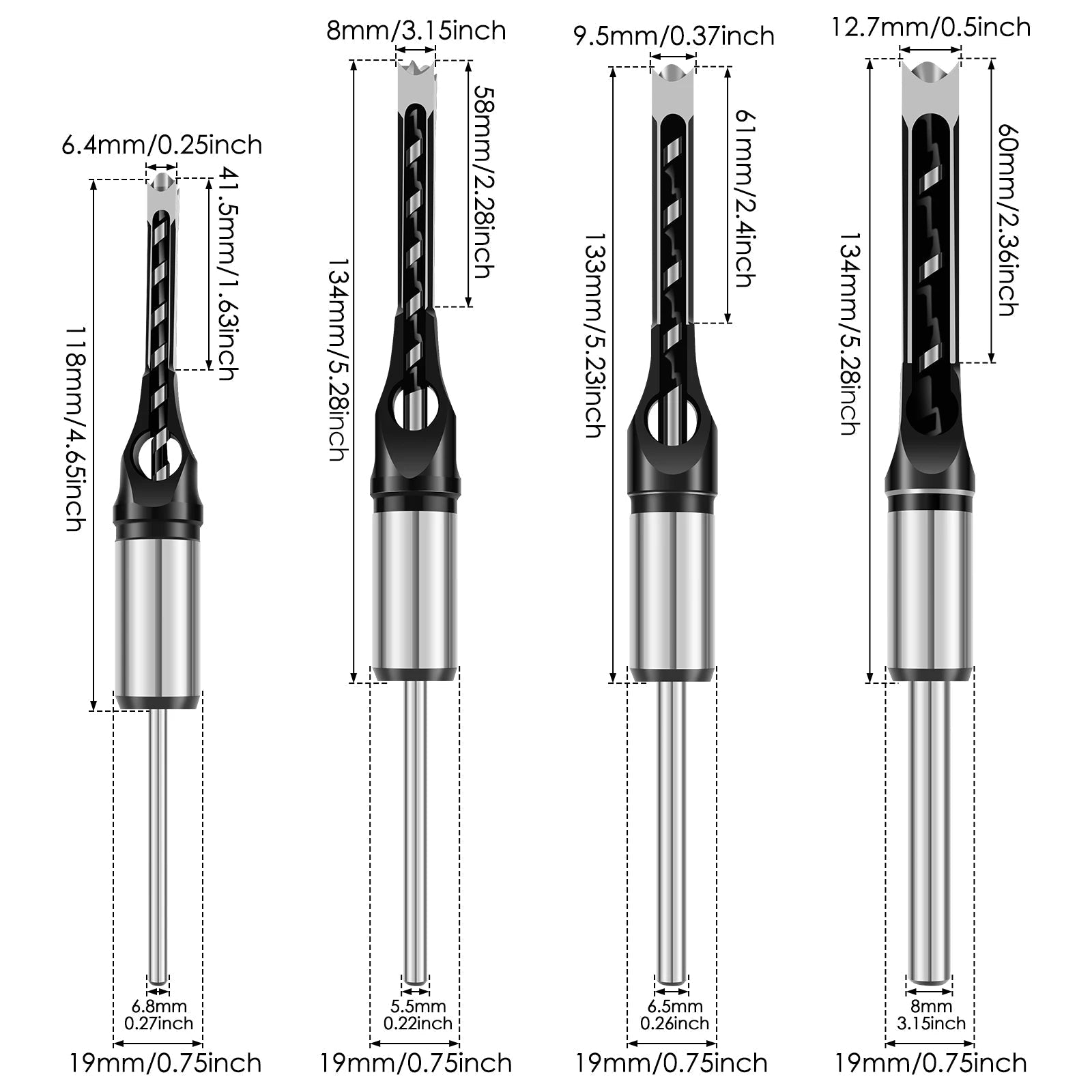 Präzisionsadapter- und Meißelset für perfekte Schwalbenschwanzlöcher | 8 Aufsätze 6–16 mm | Kompatibel mit Bohrmaschinen
