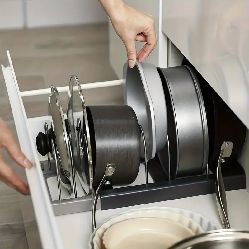 Adjustable Pot and Pan Organizer with Lid Holder – Robust Metal Solution for an Efficient Kitchen Setup