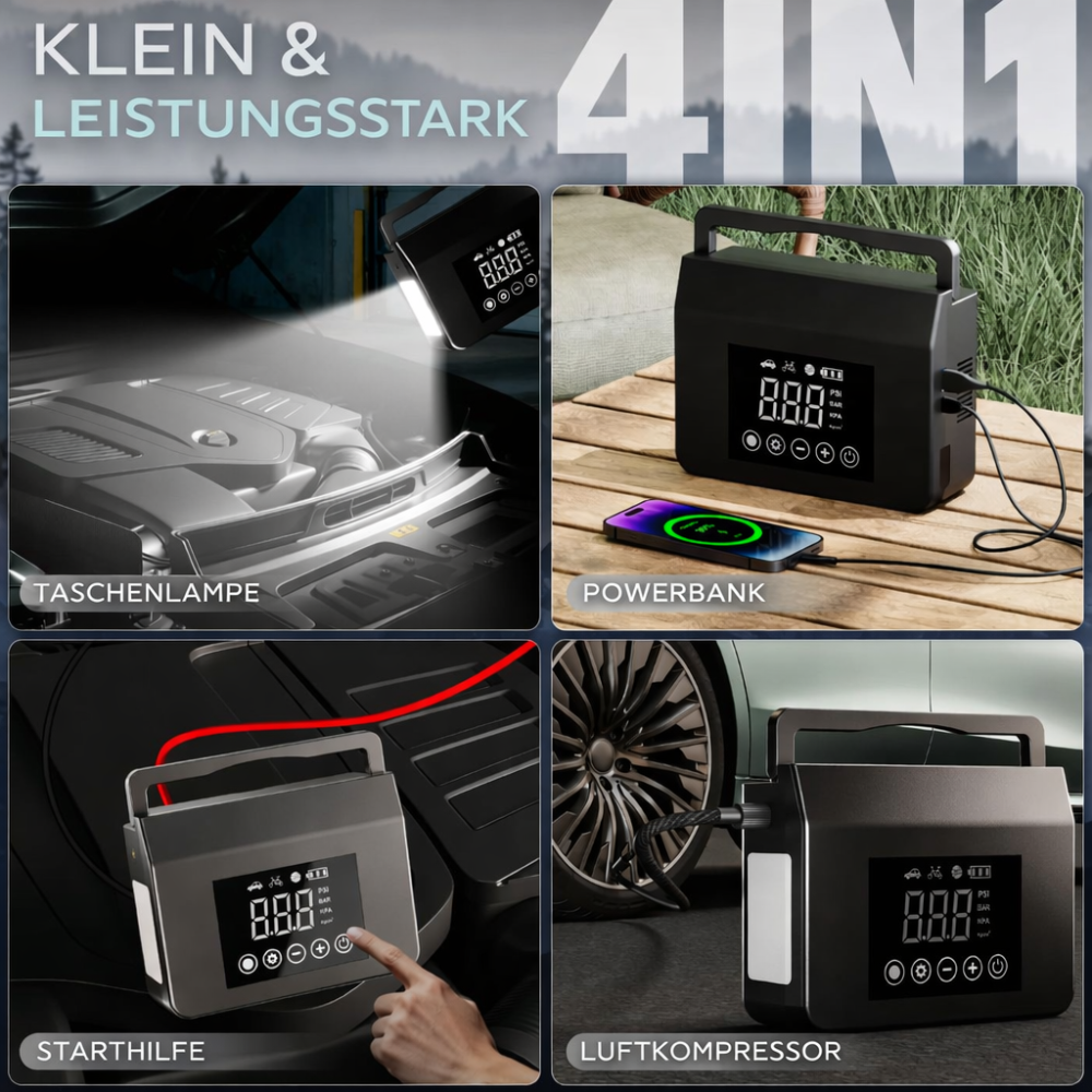 Multifunktionale Starthilfe-Powerbank mit Kompressor 15000mAh