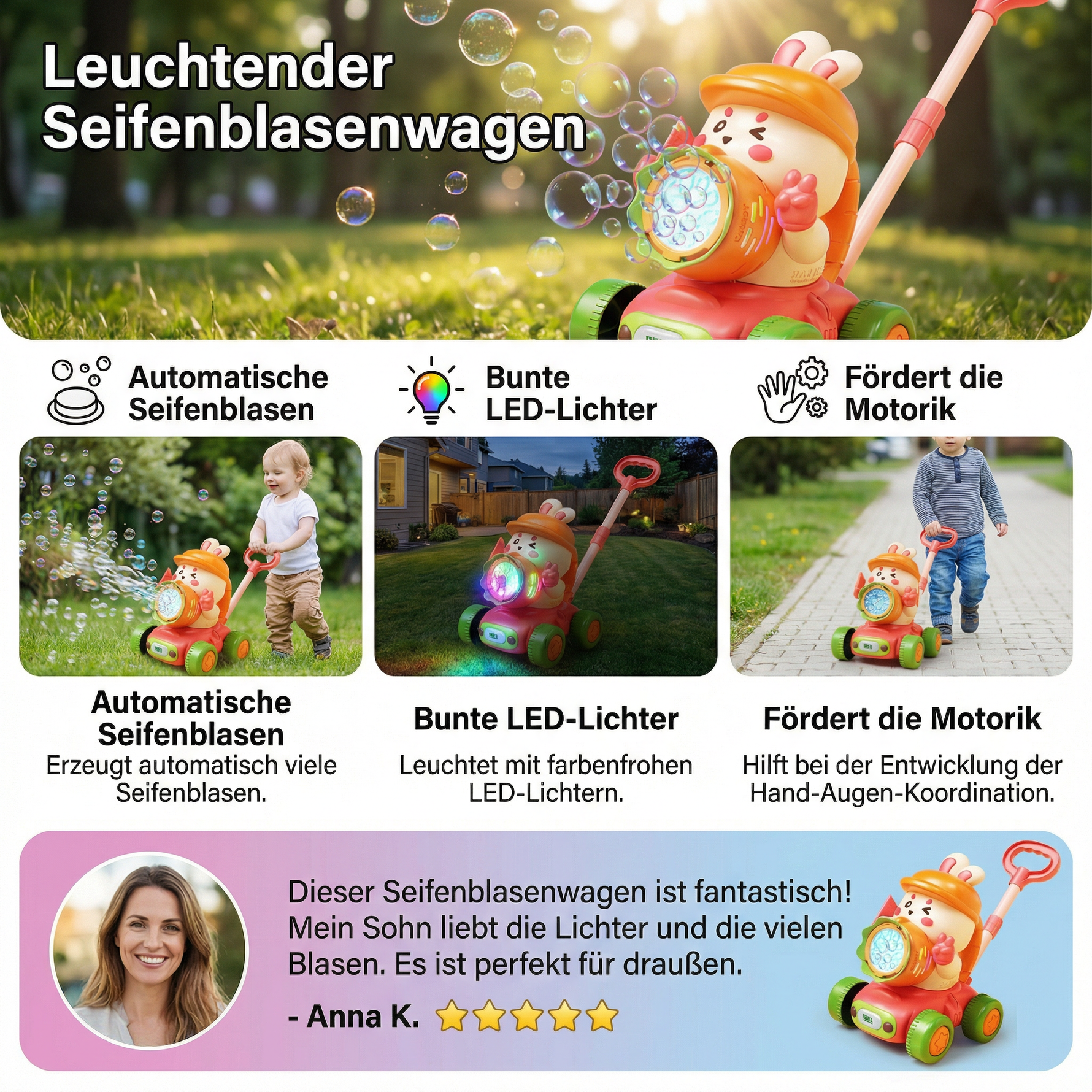 Schiebe-Spielzeug für Kinder – Wagen mit leuchtenden Seifenblasen