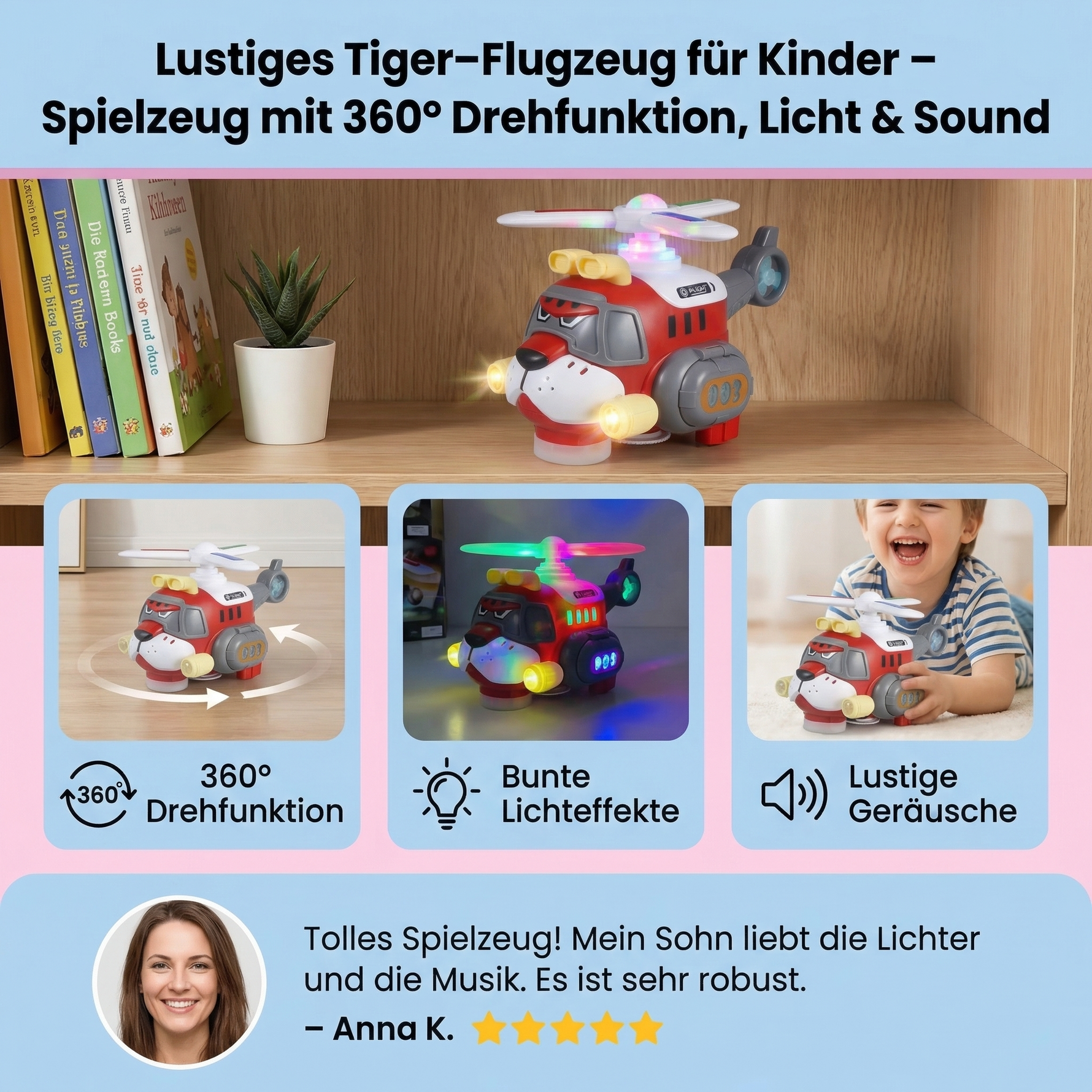 360° drehendes Tiger-Spielzeugflugzeug für Kinder mit Licht und Sound