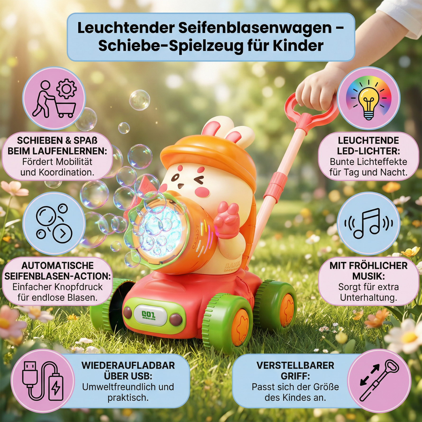 Schiebe-Spielzeug für Kinder – Wagen mit leuchtenden Seifenblasen