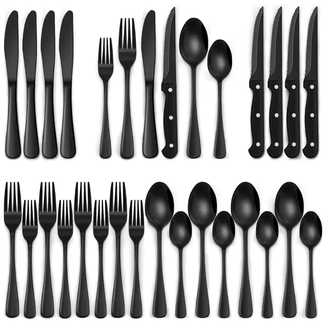 Elegantes Besteckset | 24-teiliges Set in Matt-Schwarz | Mit Steakmessern