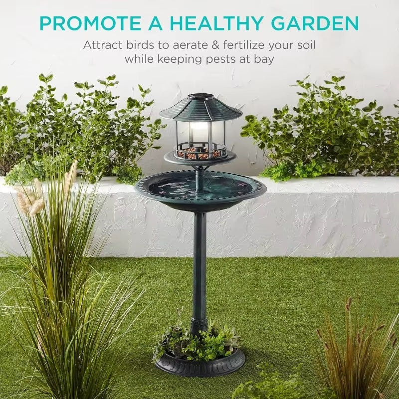 Solarbetriebene Vogelbadewanne mit Ständer, integriertem Blumentopf und LED-Lampe