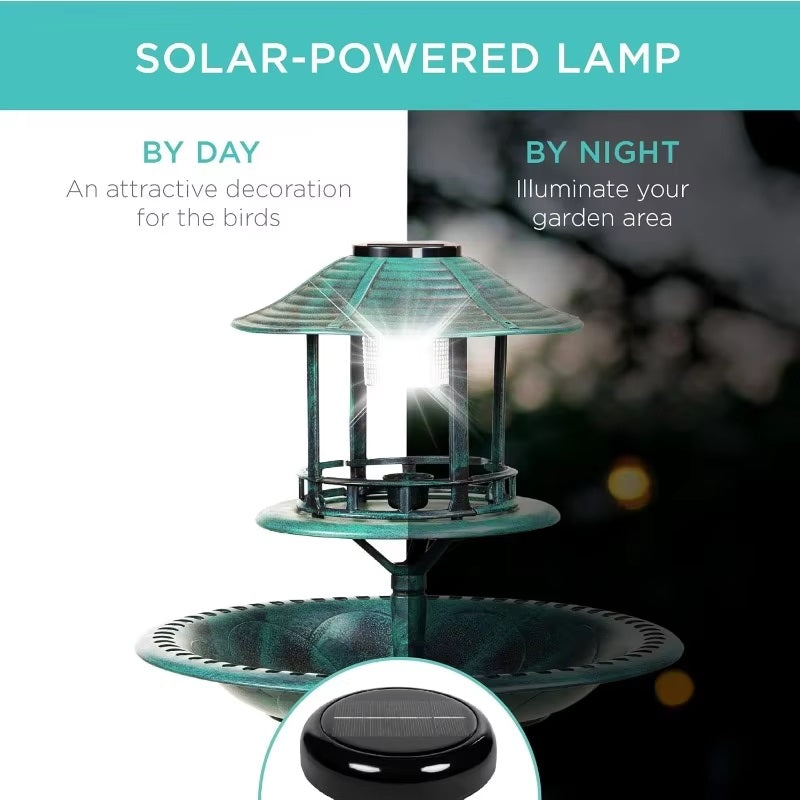 Solarbetriebene Vogelbadewanne mit Ständer, integriertem Blumentopf und LED-Lampe