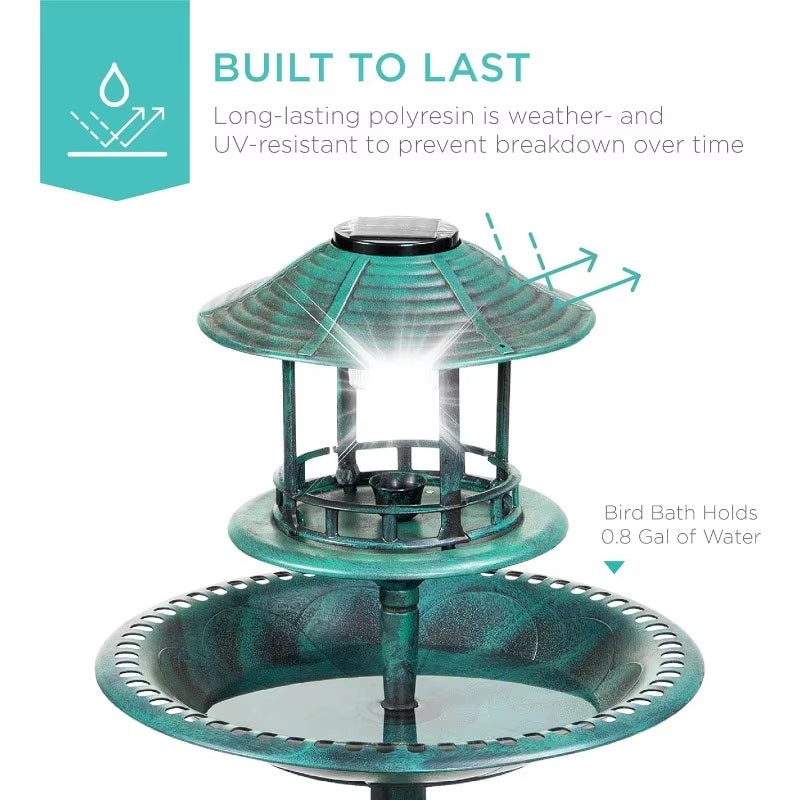 Solarbetriebene Vogelbadewanne mit Ständer, integriertem Blumentopf und LED-Lampe