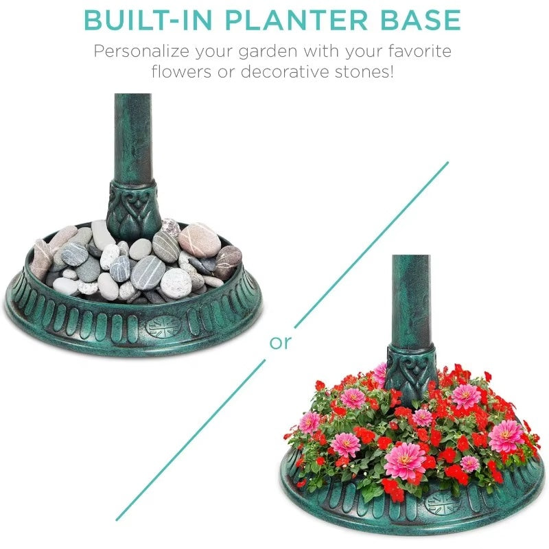 Solarbetriebene Vogelbadewanne mit Ständer, integriertem Blumentopf und LED-Lampe