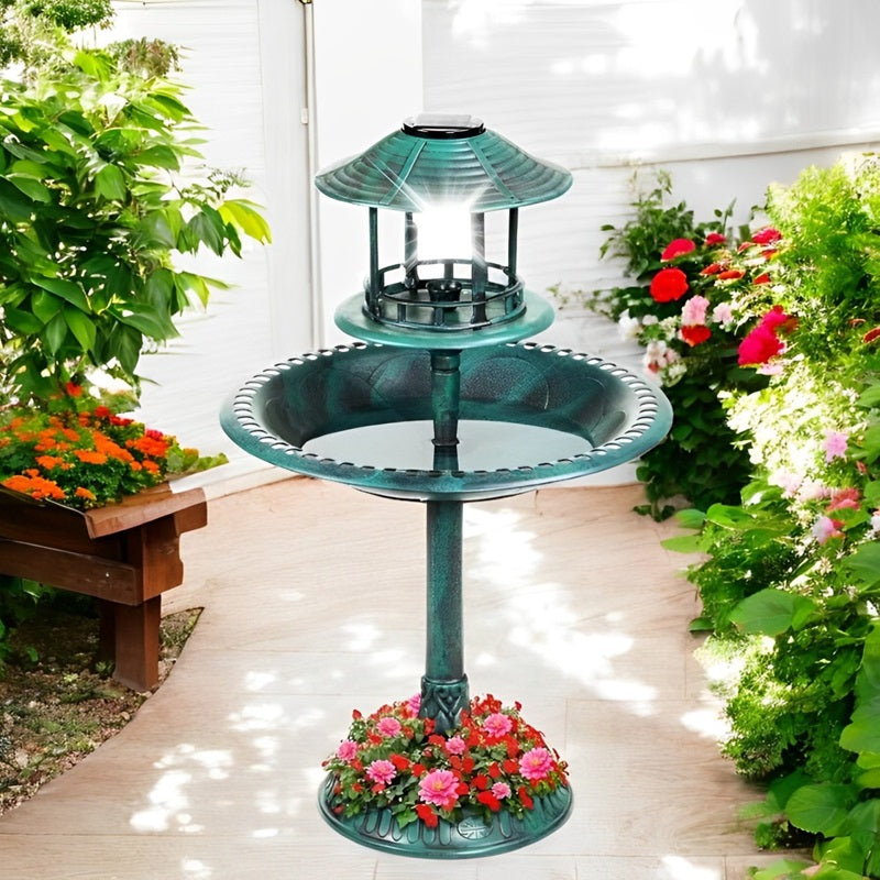 Solarbetriebene Vogelbadewanne mit Ständer, integriertem Blumentopf und LED-Lampe