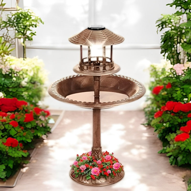 Solarbetriebene Vogelbadewanne mit Ständer, integriertem Blumentopf und LED-Lampe