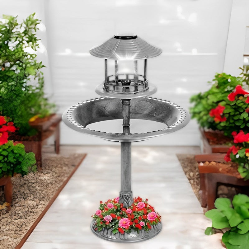 Solarbetriebene Vogelbadewanne mit Ständer, integriertem Blumentopf und LED-Lampe