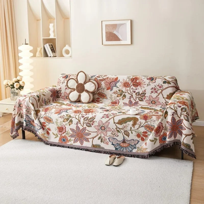 Elegant Blanket with Floral Design and Rustic Fringes