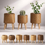 Blumentopf mit Holzfüßen | Trendiges Geflecht-Design für Innen und Außen