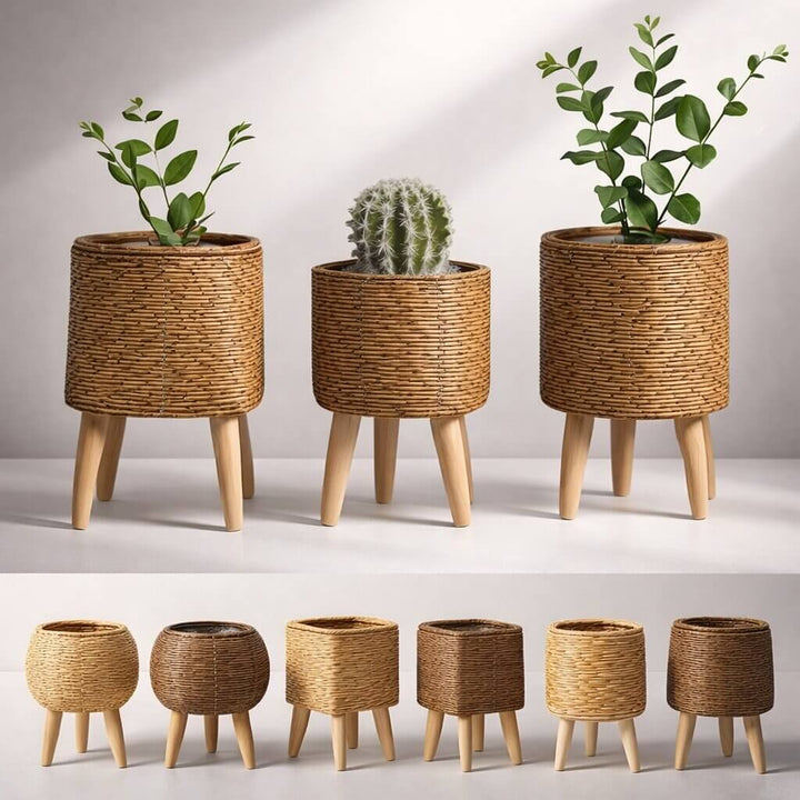 Blumentopf mit Holzfüßen | Trendiges Geflecht-Design für Innen und Außen