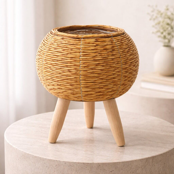 Blumentopf mit Holzfüßen | Trendiges Geflecht-Design für Innen und Außen