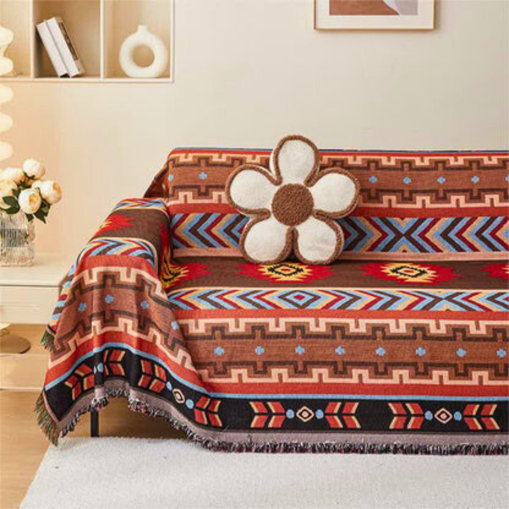Stylish Sofa Cover with Geometric Designs and Fringes