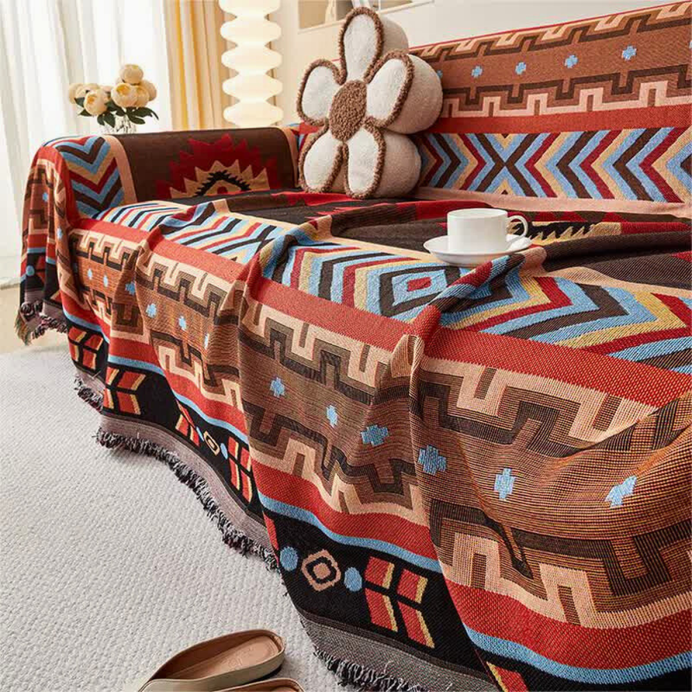 Stylish Sofa Cover with Geometric Designs and Fringes