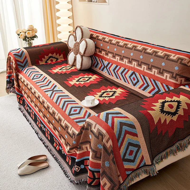 Stylish Sofa Cover with Geometric Designs and Fringes