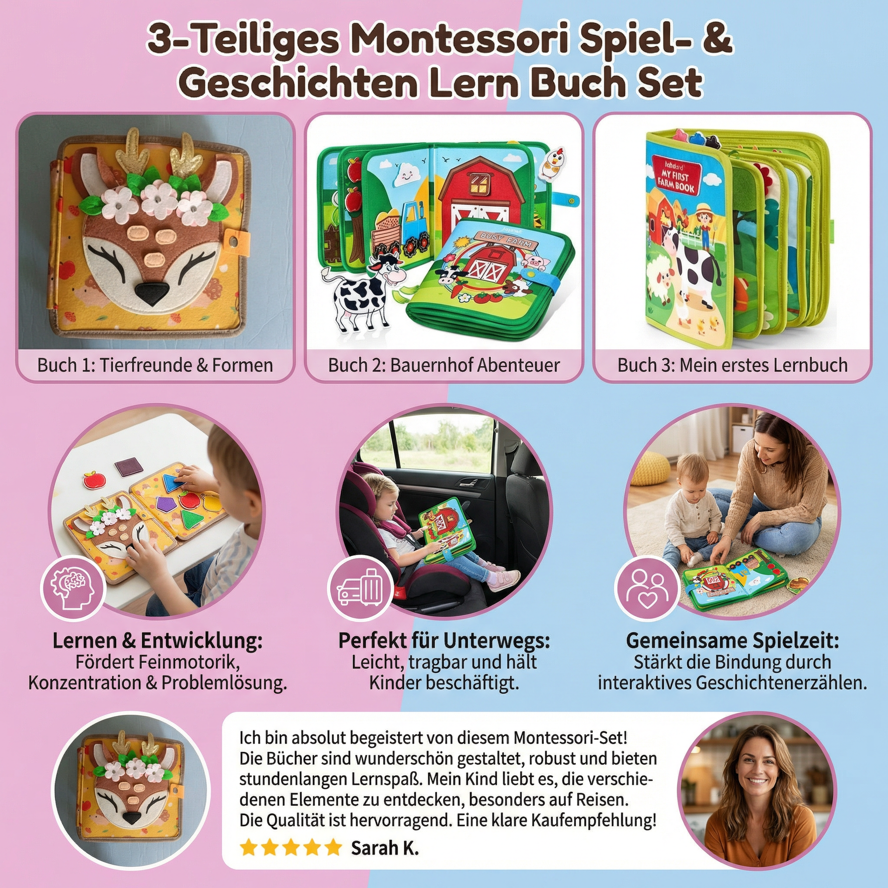 Lernbuch Set aus 3 Teilen für Montessori Spiel und Geschichten