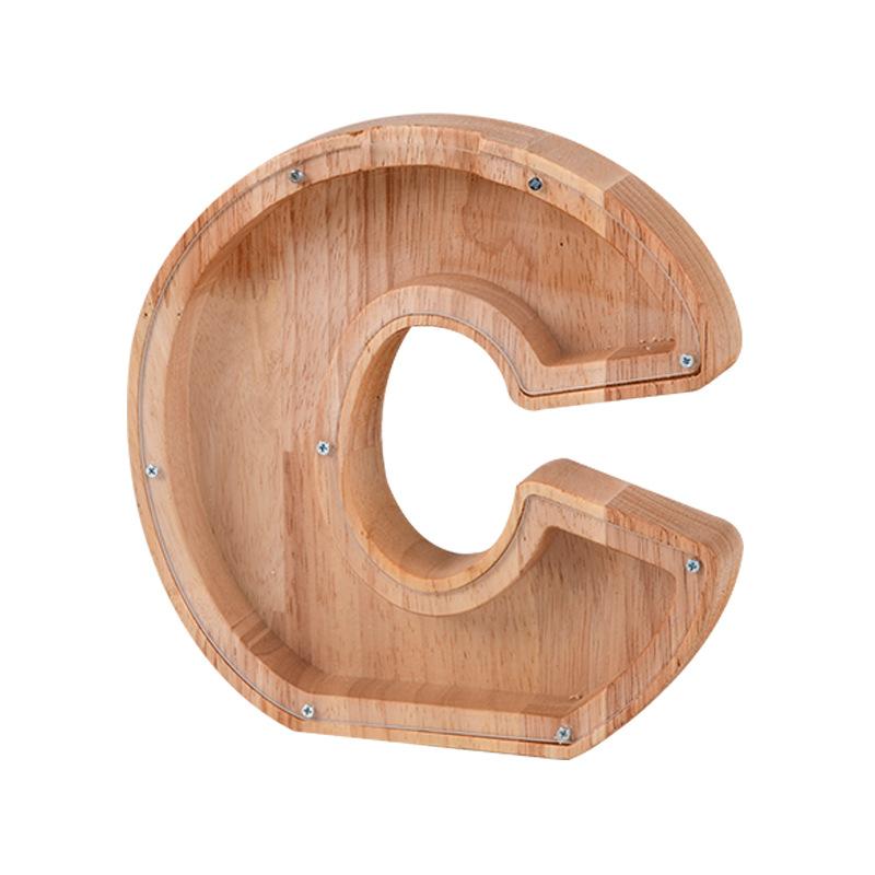 Handgefertigte Holzspardose mit Alphabet-Design