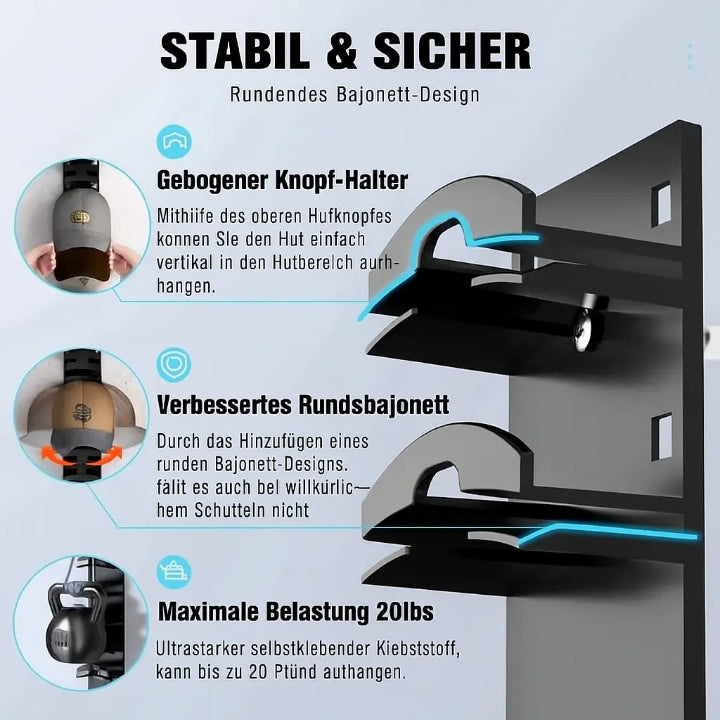 Wandhalterung für Kappen – Platz für 10 Kappen, immer griffbereit