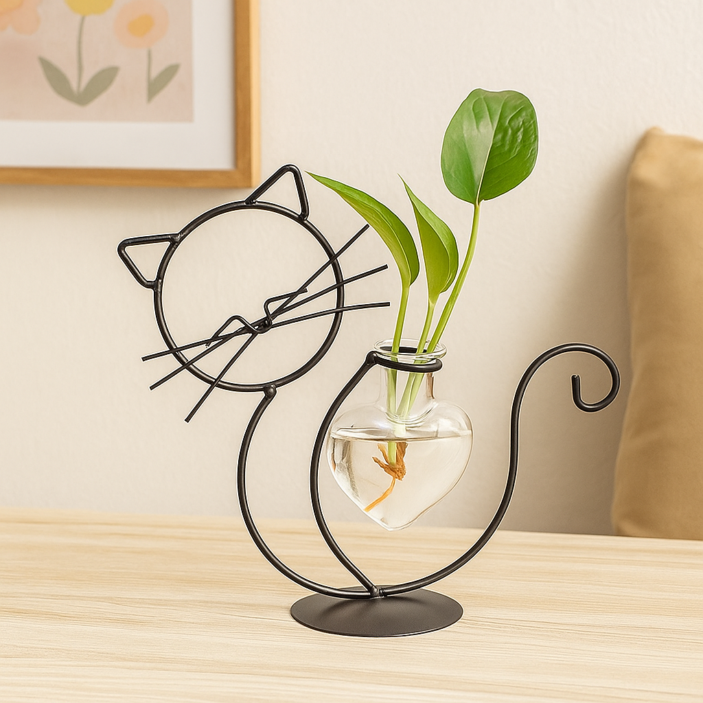 Herzförmiger Glasblumentopf mit Ständer – Katzenmotiv
