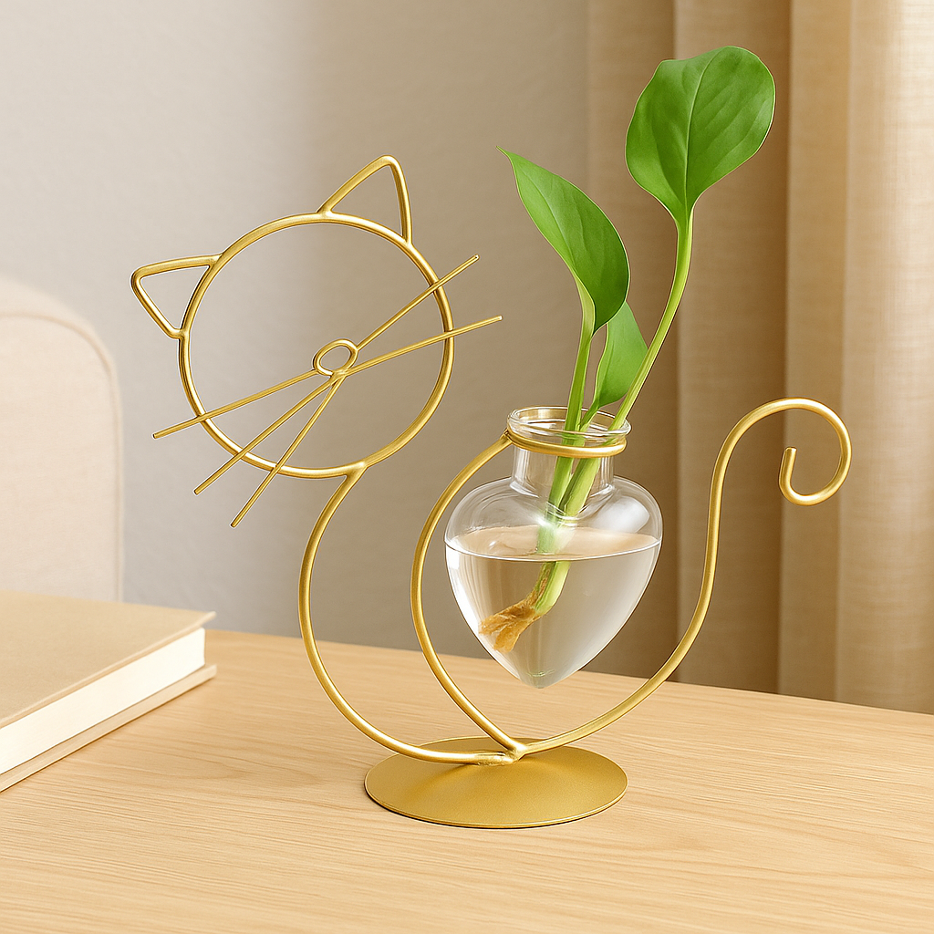 Herzförmiger Glasblumentopf mit Ständer – Katzenmotiv