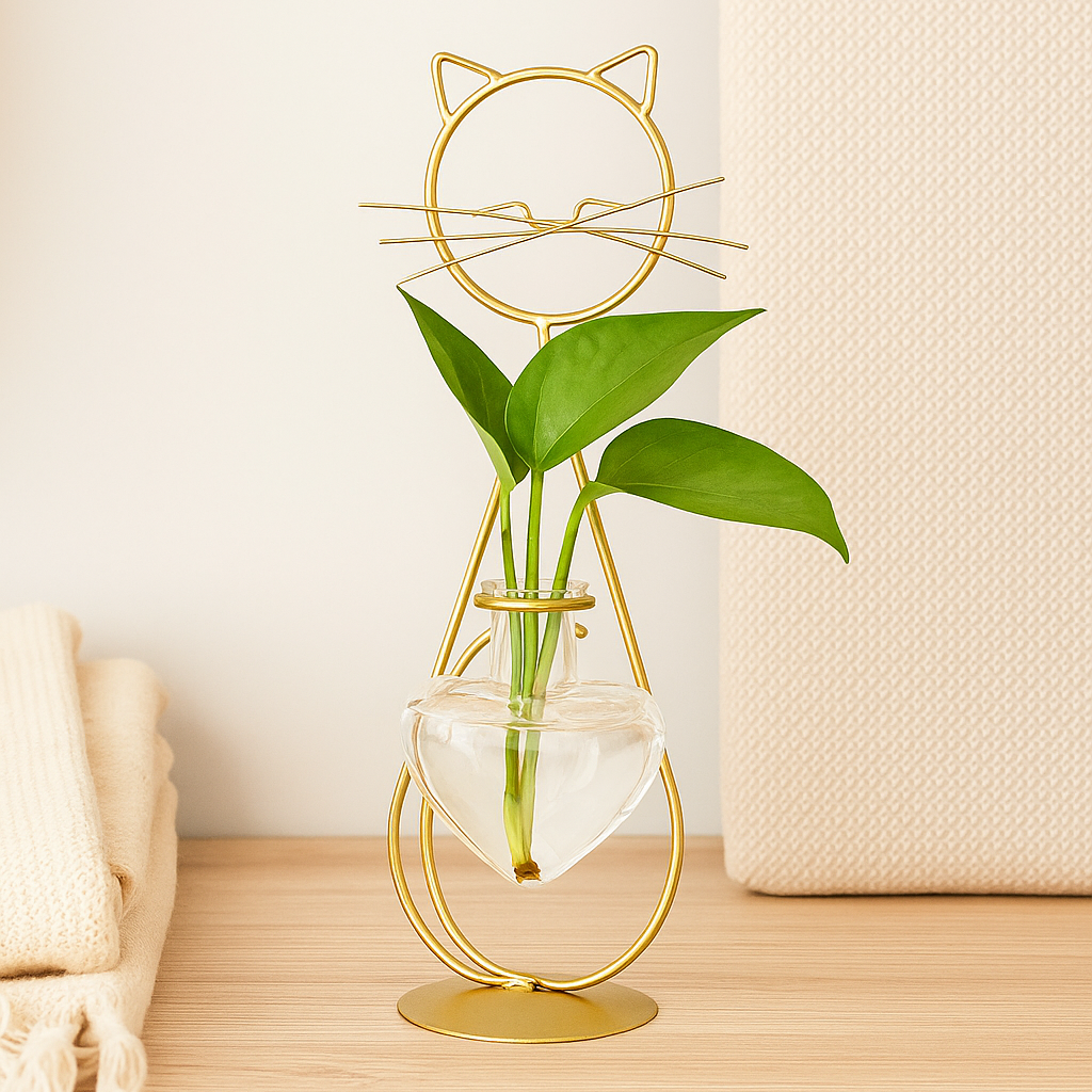 Herzförmiger Glasblumentopf mit Ständer – Katzenmotiv