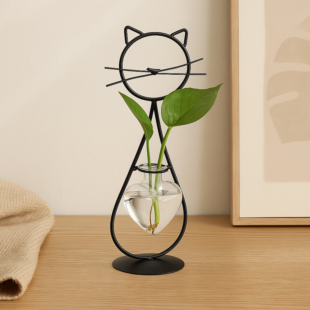 Herzförmiger Glasblumentopf mit Ständer – Katzenmotiv