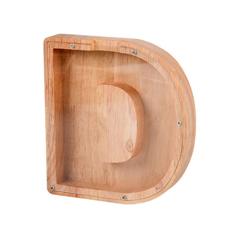 Handgefertigte Holzspardose mit Alphabet-Design
