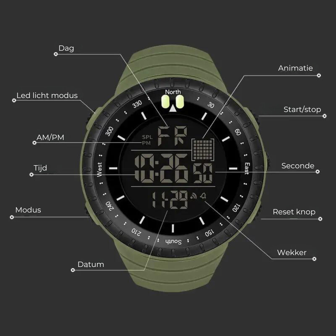 Robuste Outdoor-Uhr mit integriertem Kompass und 50 m Wasserdichtigkeit