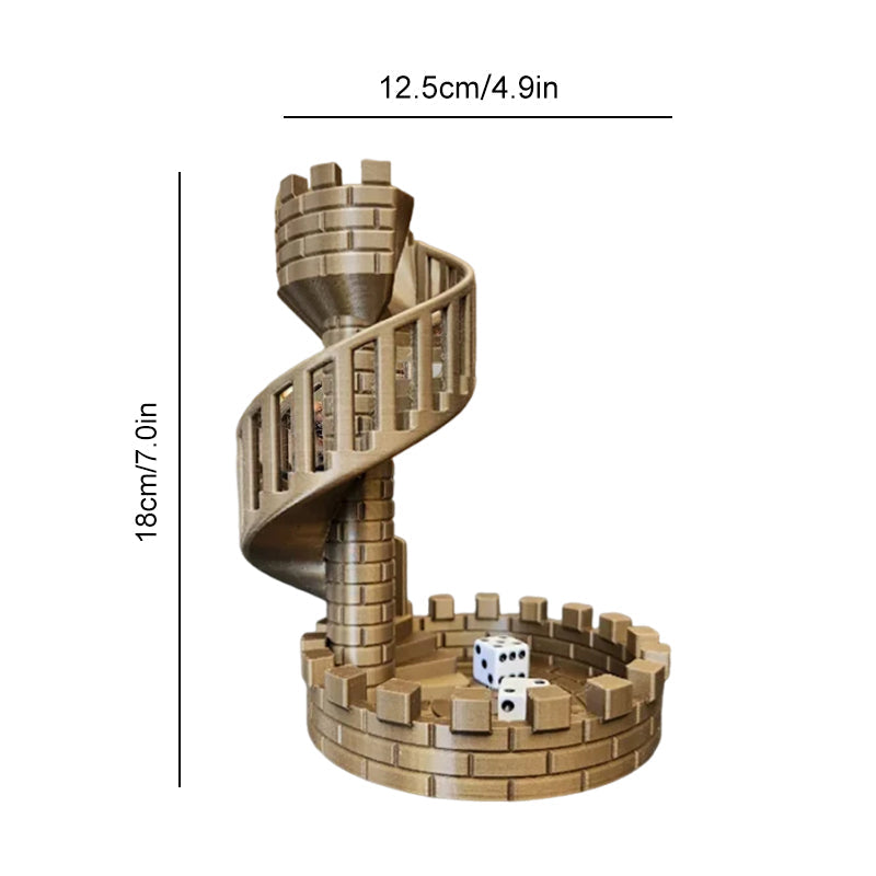 3D-printed dice tower with spiral staircase for your gaming pleasure
