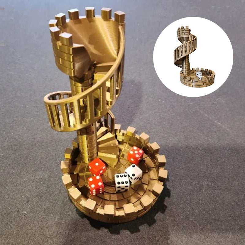 3D-printed dice tower with spiral staircase for your gaming pleasure