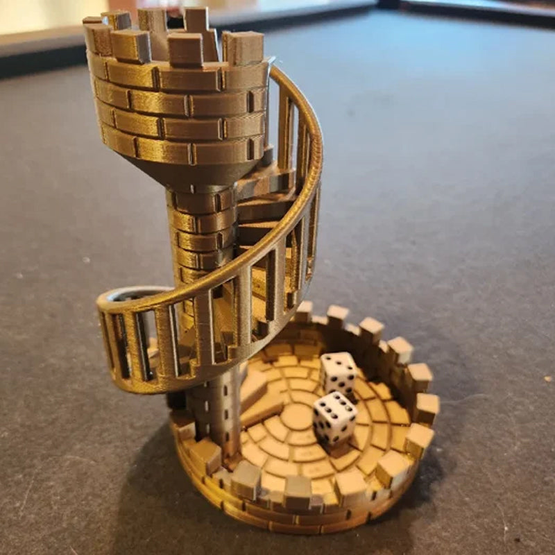 3D-printed dice tower with spiral staircase for your gaming pleasure
