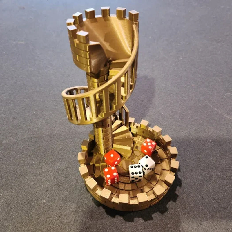 3D-printed dice tower with spiral staircase for your gaming pleasure